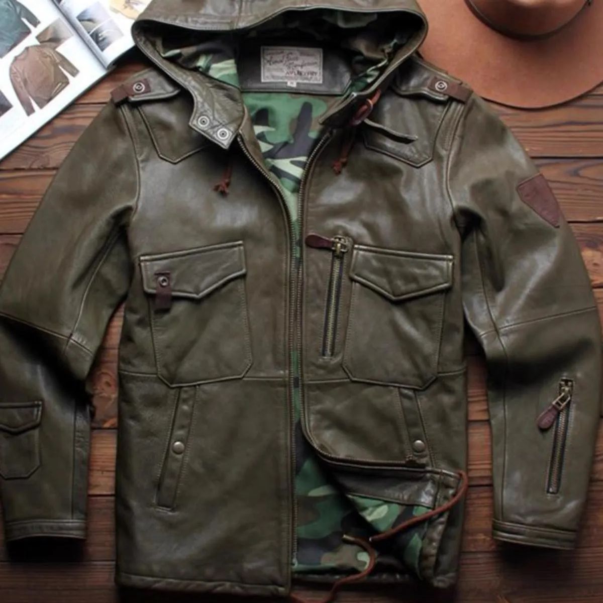 h 美式ヴィンテージ メンズ 中長丈 フード付き マルチポケット レザージャケット｜グリーン山羊革 アウトドア バイク 秋冬