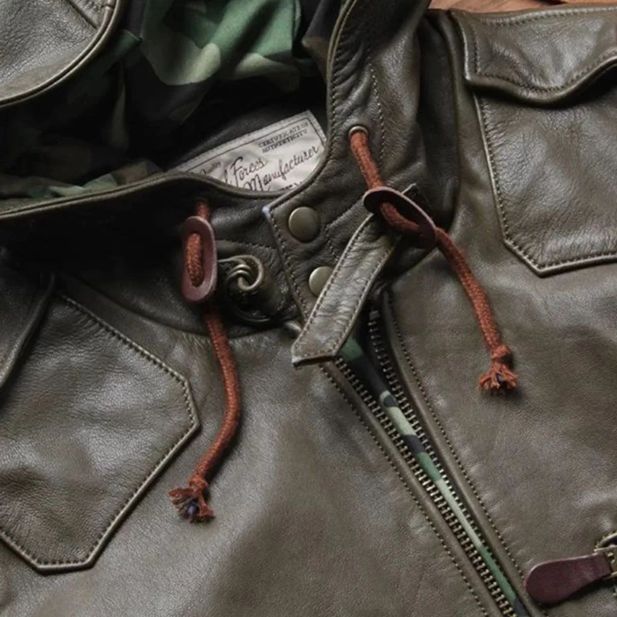 h 美式ヴィンテージ メンズ 中長丈 フード付き マルチポケット レザージャケット|グリーン山羊革 アウトドア バイク 秋冬