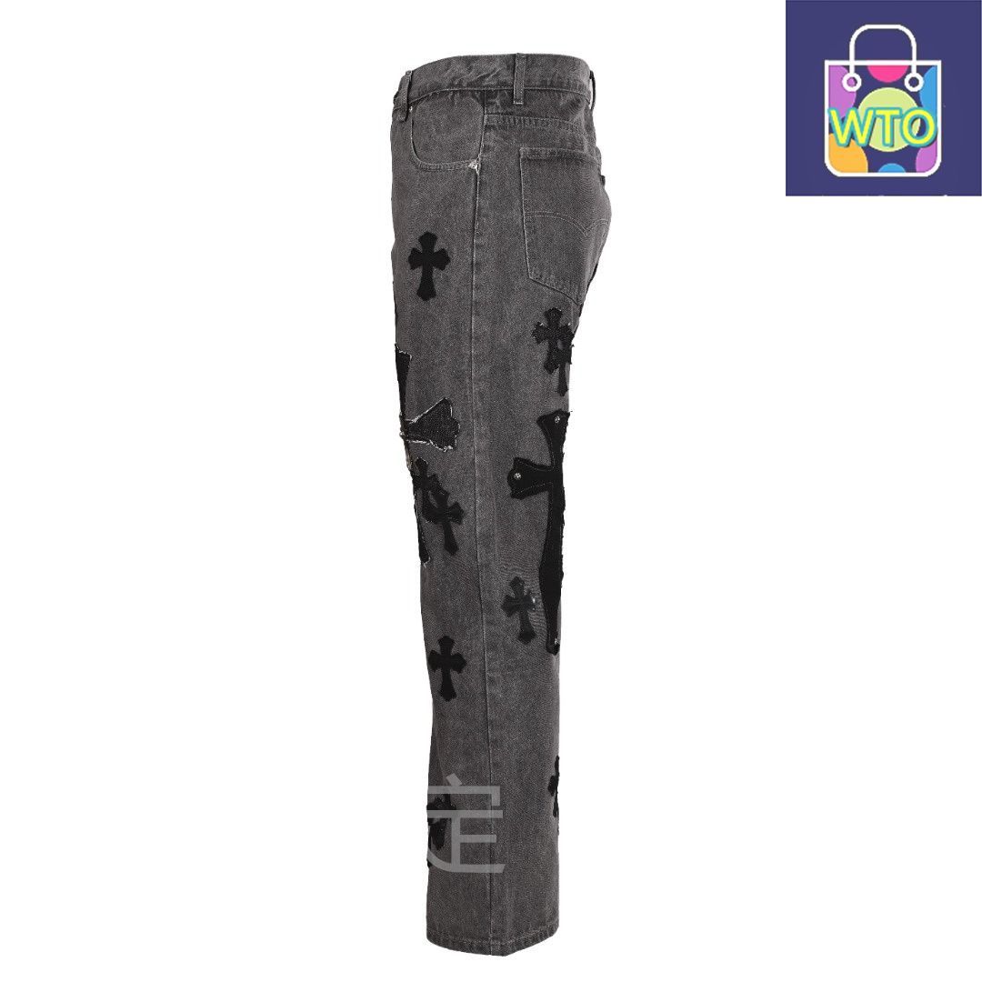 今日 Chrome Hearts クロムハーツ ロンドンリミテッドエディションクロスメタルレザーデニムパンツ 重工ウォッシュ加工