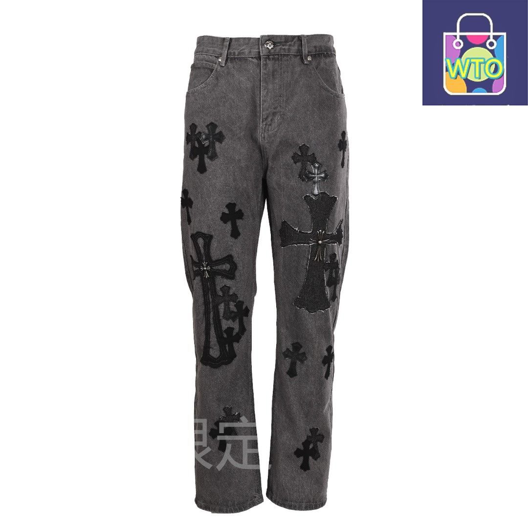 今日 Chrome Hearts クロムハーツ ロンドンリミテッドエディションクロスメタルレザーデニムパンツ 重工ウォッシュ加工