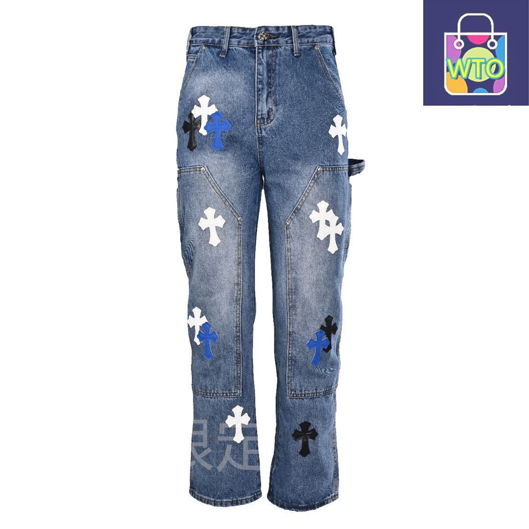 今日 Chrome Hearts クロムハーツ レザーアクセントデニムワーカーパンツ レギュラーフィット- 上ウォッシュ加工