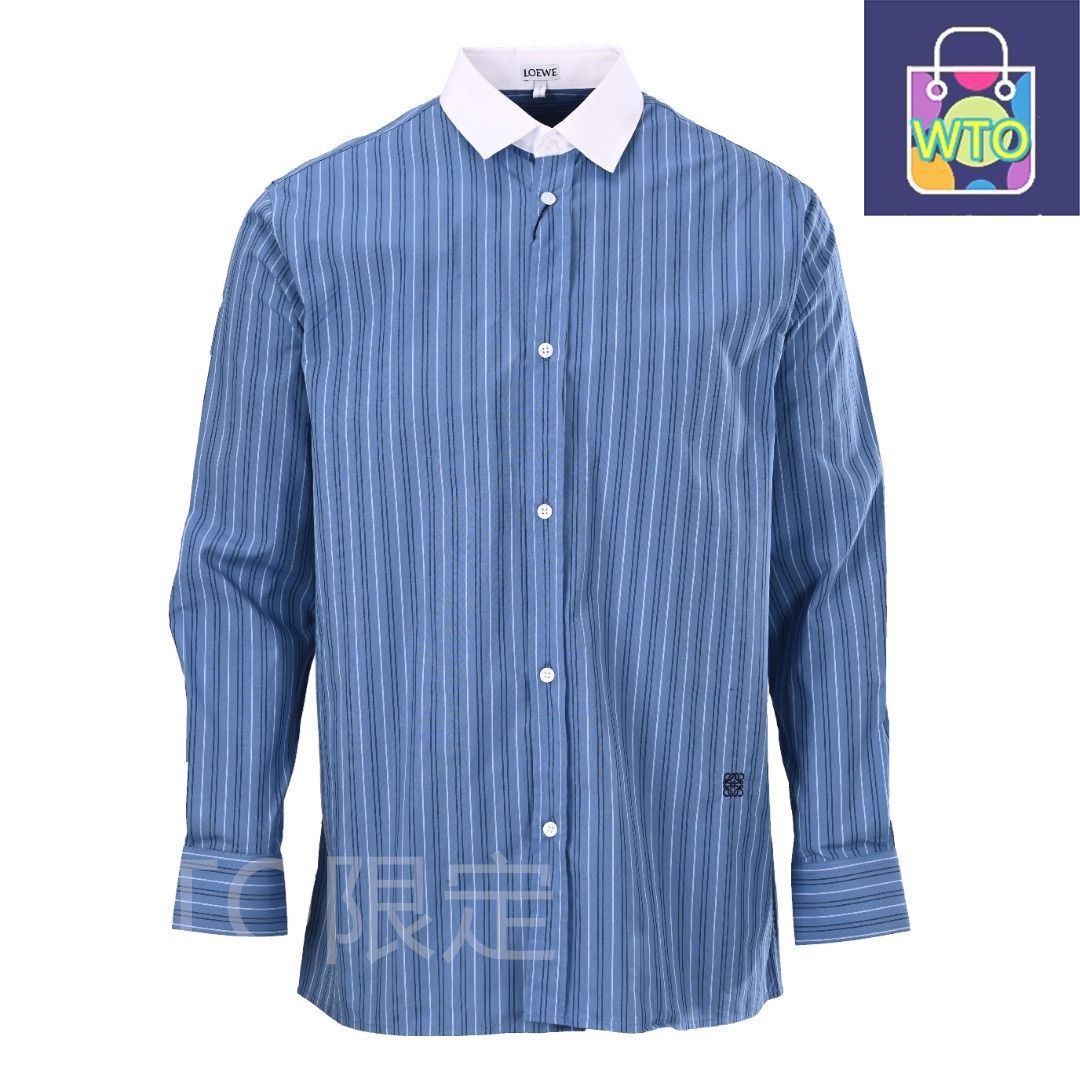 今日 Loewe ロエウェ ホワイト ストライプシリーズ 純綿生地 定位置裁断 輸入刺繍 貝ボタン使用長袖シャツ