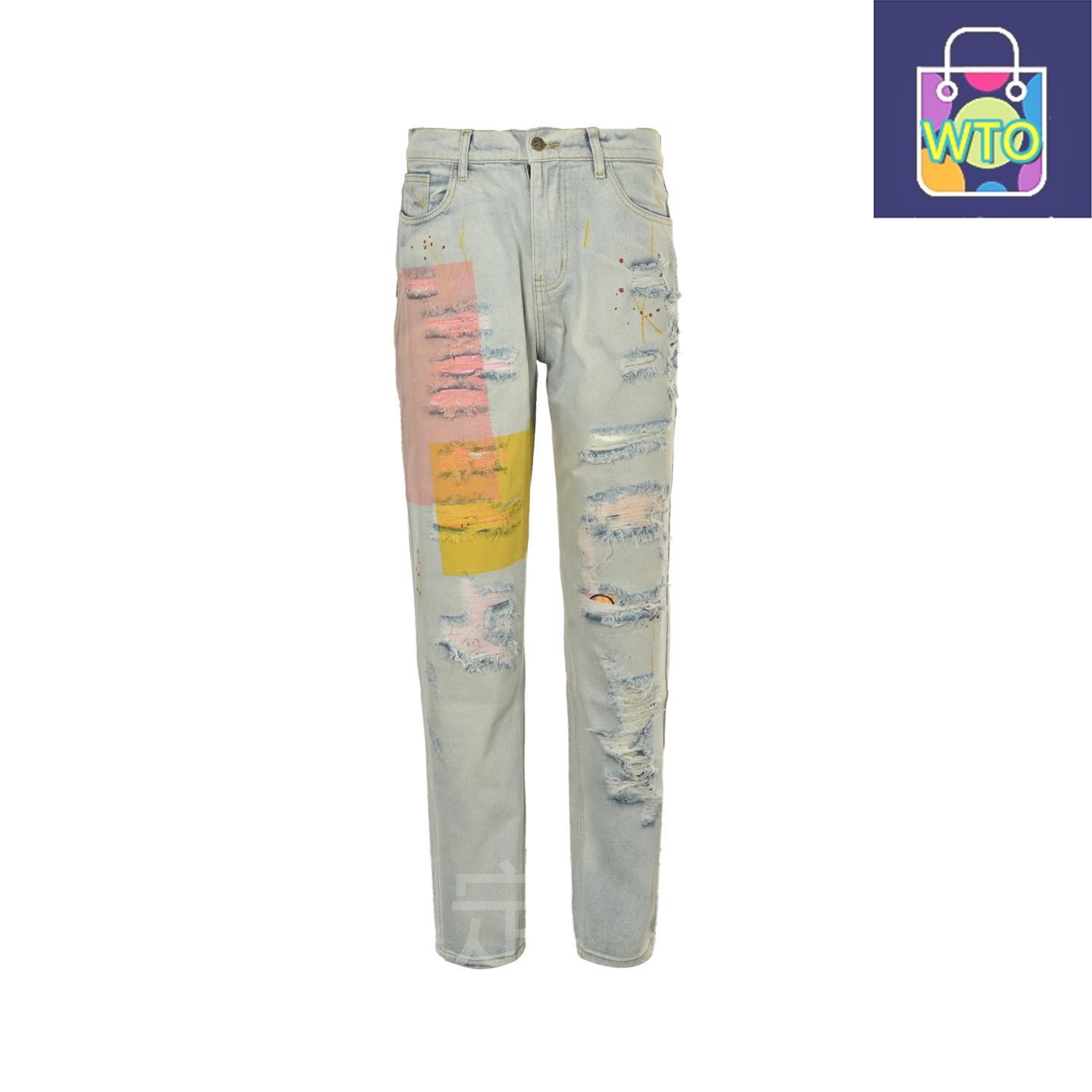 今日 Drew House ドリューハウス テディスマイル破れジーンズ 多段階洗水 破壊加工とテディ 布を施すパンツ