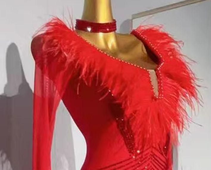  オーダーメイド 社交ダンス衣装 ドレス オーストリッチ羽根 高品質 ドレス ダンス衣装 社交ダンス
