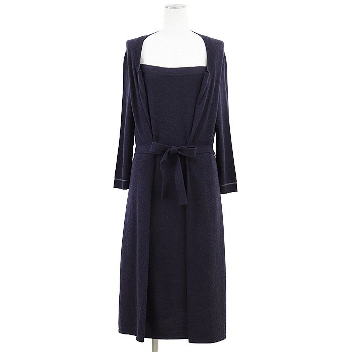 HERMES エルメス ニットワンピース レイヤード風 ハイゲージ ウール ハーフスリーブ ドレス ベルト付属 レディース サイズ 38 ネイビー 紺 イタリア製