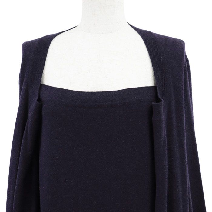 HERMES エルメス ニットワンピース レイヤード風 ハイゲージ ウール ハーフスリーブ ドレス ベルト付属 レディース サイズ 38 ネイビー 紺 イタリア製