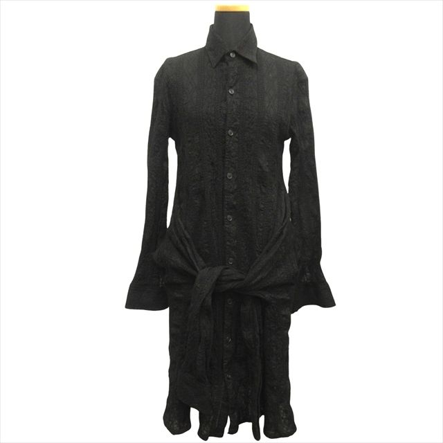 レギュレーション ヨウジヤマモト YOHJI 4本袖 シャツ ワンピース ドレス ブラウス カットソー 刺繍 総柄 2 黒 ブラック レディース