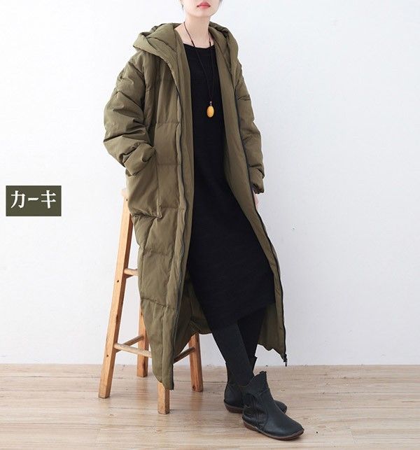 フリーサイズ ダウンコート レディース アウター ロングコート オーバーサイズ ゆったり ビックシルエット ダウンジャケット フードあり ロング 軽量 暖かい 防寒 かわいい おしゃれ カジュアル きれいめ 防寒 カーキ d1350s1