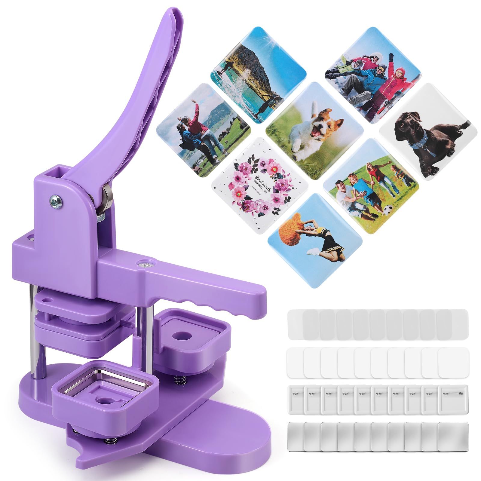 四角形缶バッジメーカー 缶バッジマシーン 缶バッヂ 回転式缶バッチマシーン 缶バッジ バッジ素材100個付き 缶バッヂ製造機 小型 軽量 DIYのおもちゃ バッヂ製造機 手芸 手づくり 入学祝いプレゼント パープル