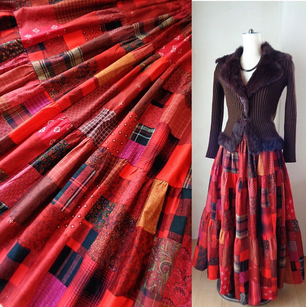 一点もの 絵画なパッチワーク DeepRed 大人の上質チェック＆フラワー ボリュームティアードスカート