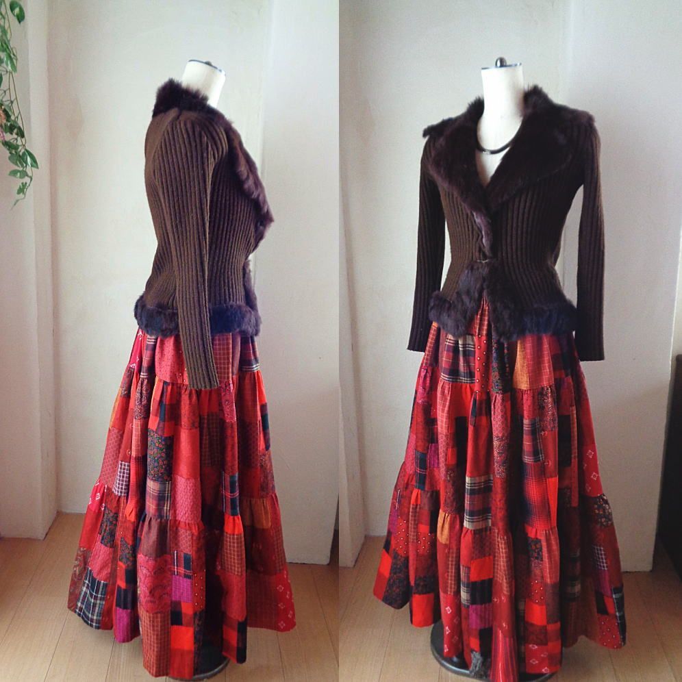 一点もの 絵画なパッチワーク DeepRed 大人の上質チェック&フラワー ボリュームティアードスカート