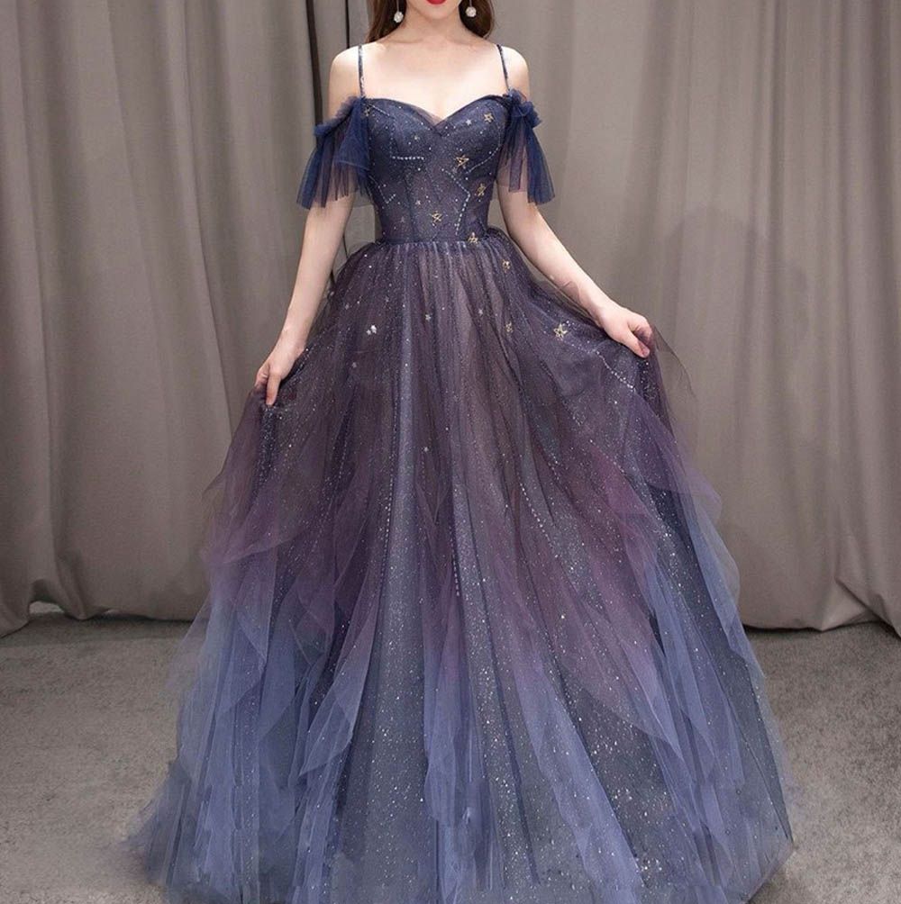 ️ ドレス カクテルドレス ロングドレス パーティードレス 発表会 演奏会 ステージドレス イブニングドレス 大人 オフショルダー 星モチーフ ブルー系 袖付き きらきら 0857