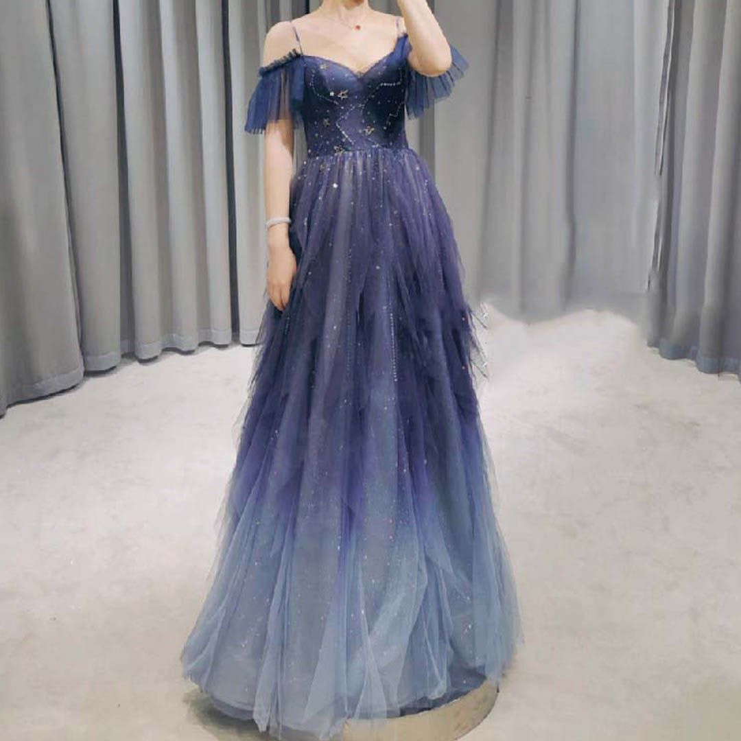 ️ ドレス カクテルドレス ロングドレス パーティードレス 発表会 演奏会 ステージドレス イブニングドレス 大人 オフショルダー 星モチーフ ブルー系 袖付き きらきら 0857