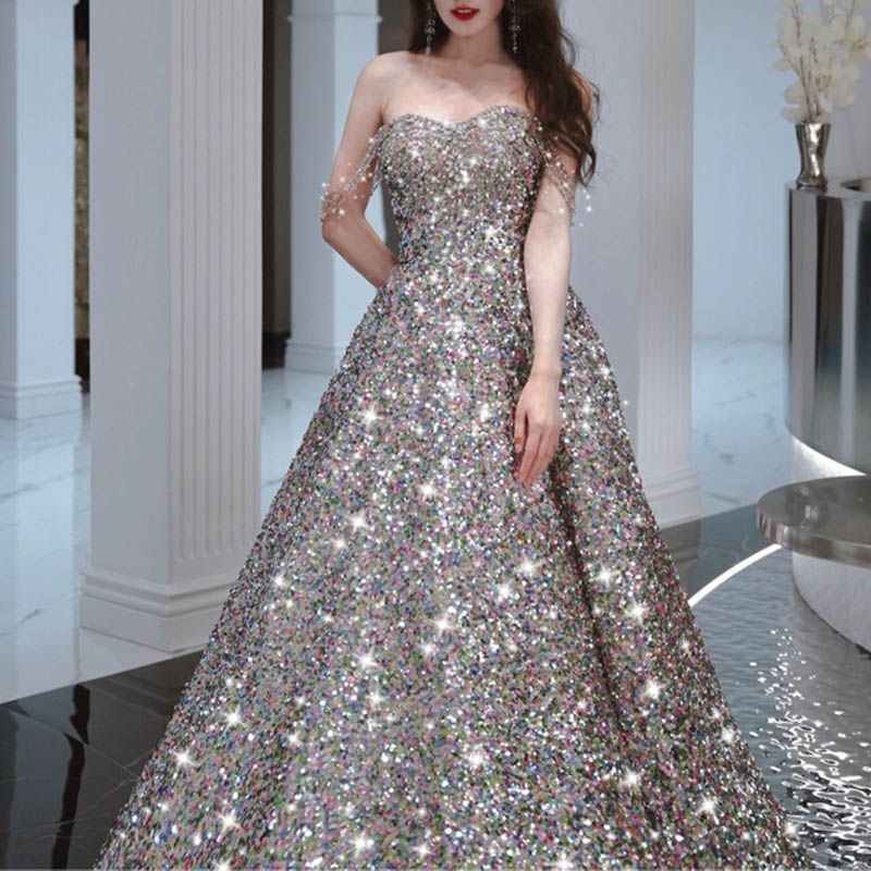 ️ ドレス ロングドレス ゴールド スパンコール ノースリーブ 演奏会 発表会 カクテルドレス イブニングドレス 大人 パーティードレス ラメ ステージ キラキラ ウエディングドレス 0872