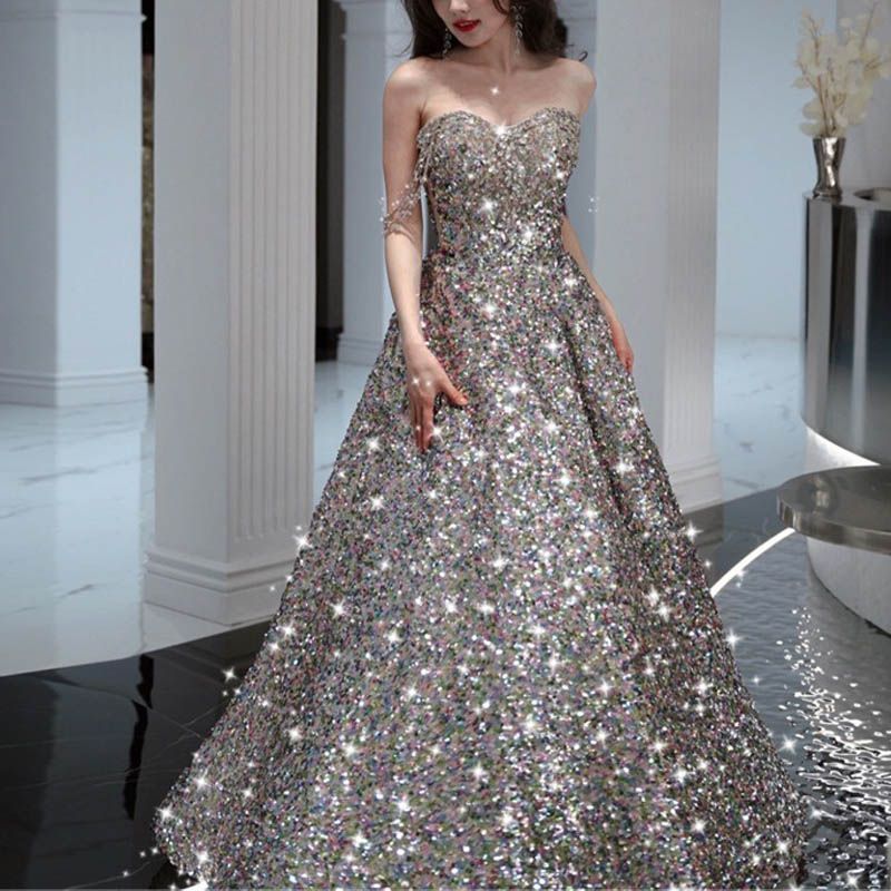 ️ ドレス ロングドレス ゴールド スパンコール ノースリーブ 演奏会 発表会 カクテルドレス イブニングドレス 大人 パーティードレス ラメ ステージ キラキラ ウエディングドレス 0872