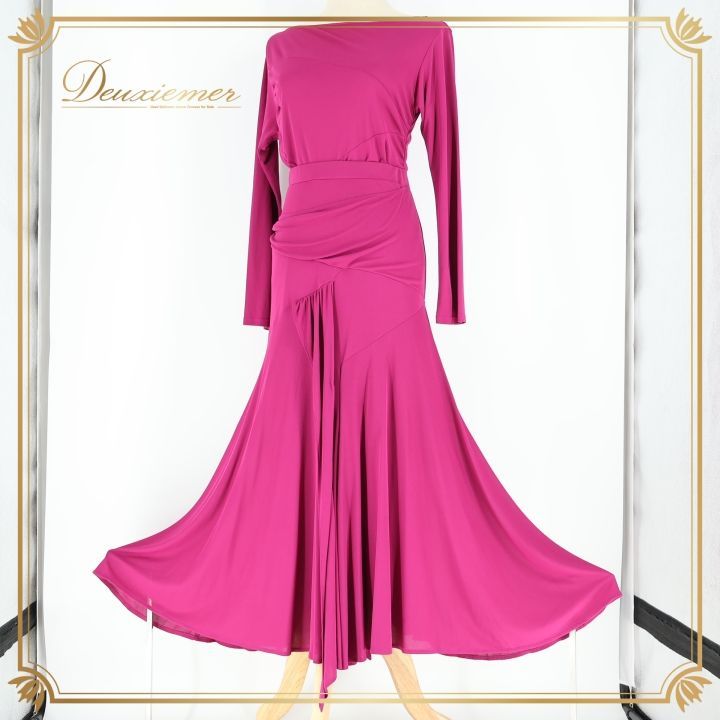 社交ダンス 衣装 ツーピース チャコットロイヤルダンス Chacott ROYAL DANCE ピンクパープル系 長袖 伸縮 パーティー 華やか 絞り ドレープ 無地 鮮やか 上品 ストレッチ レッスン 練習 シンプル 感