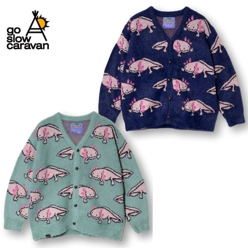 ゴースローキャラバン go slow caravan ウーパールーパー ジャガード シャギー ニット カーディガン 長袖 総柄 ゆったり ビッグシルエット オーバーサイズ ユニセックス メンズ レディース アクアブルー 紫 ダークパープル 356108