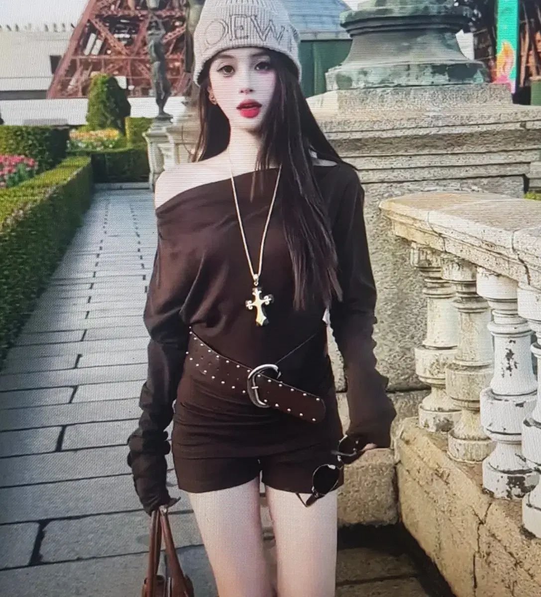 海外配送 オフショルダートップス ショートパンツ ベルト 3ピースセット