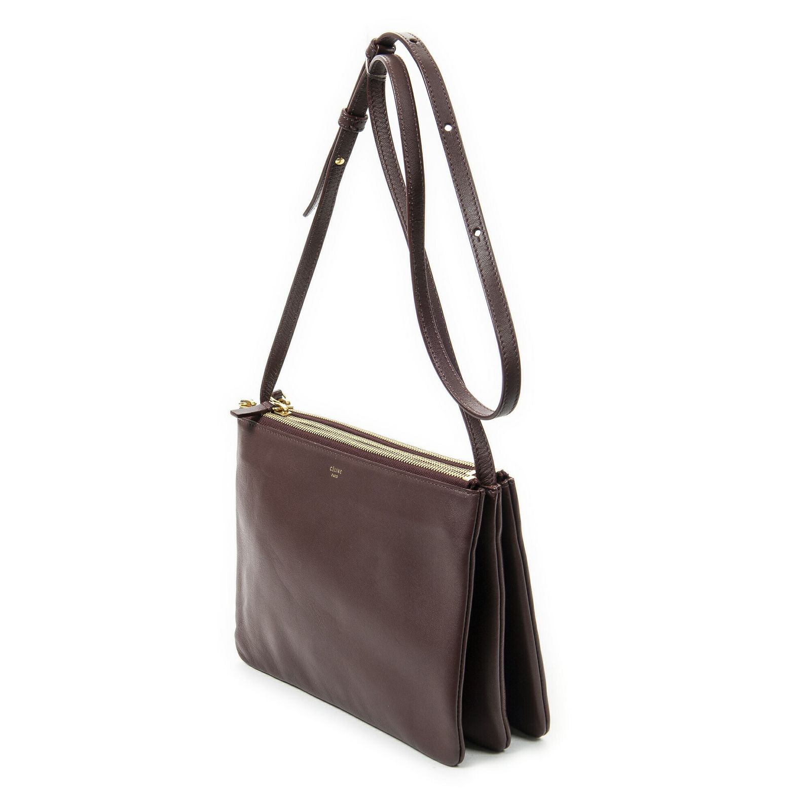 CELINE セリーヌラージ トリオ クロスボディバーガンディカーフスキンレザーA