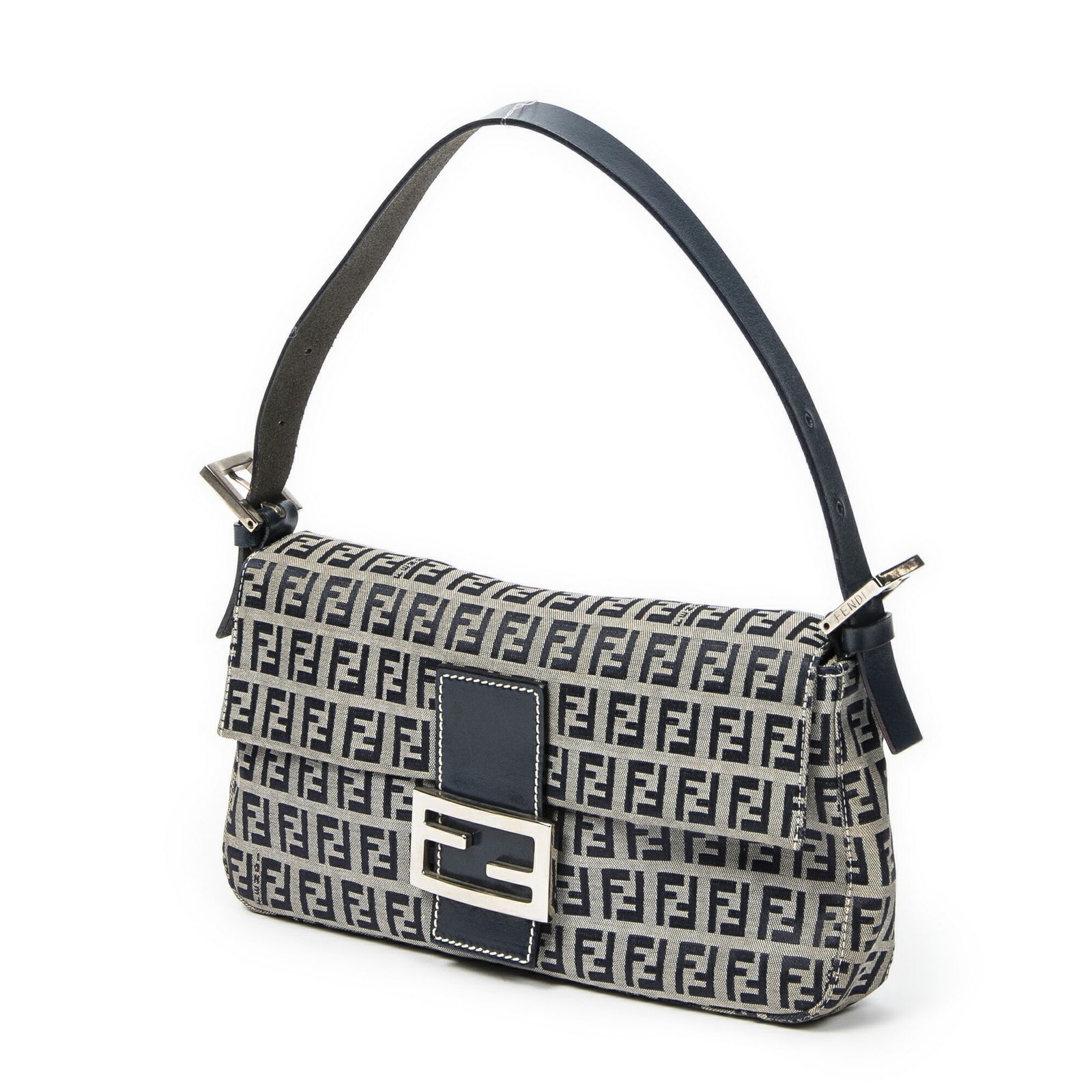 FENDI フェンディバゲットネイビー ベージュズッキーノキャンバスA