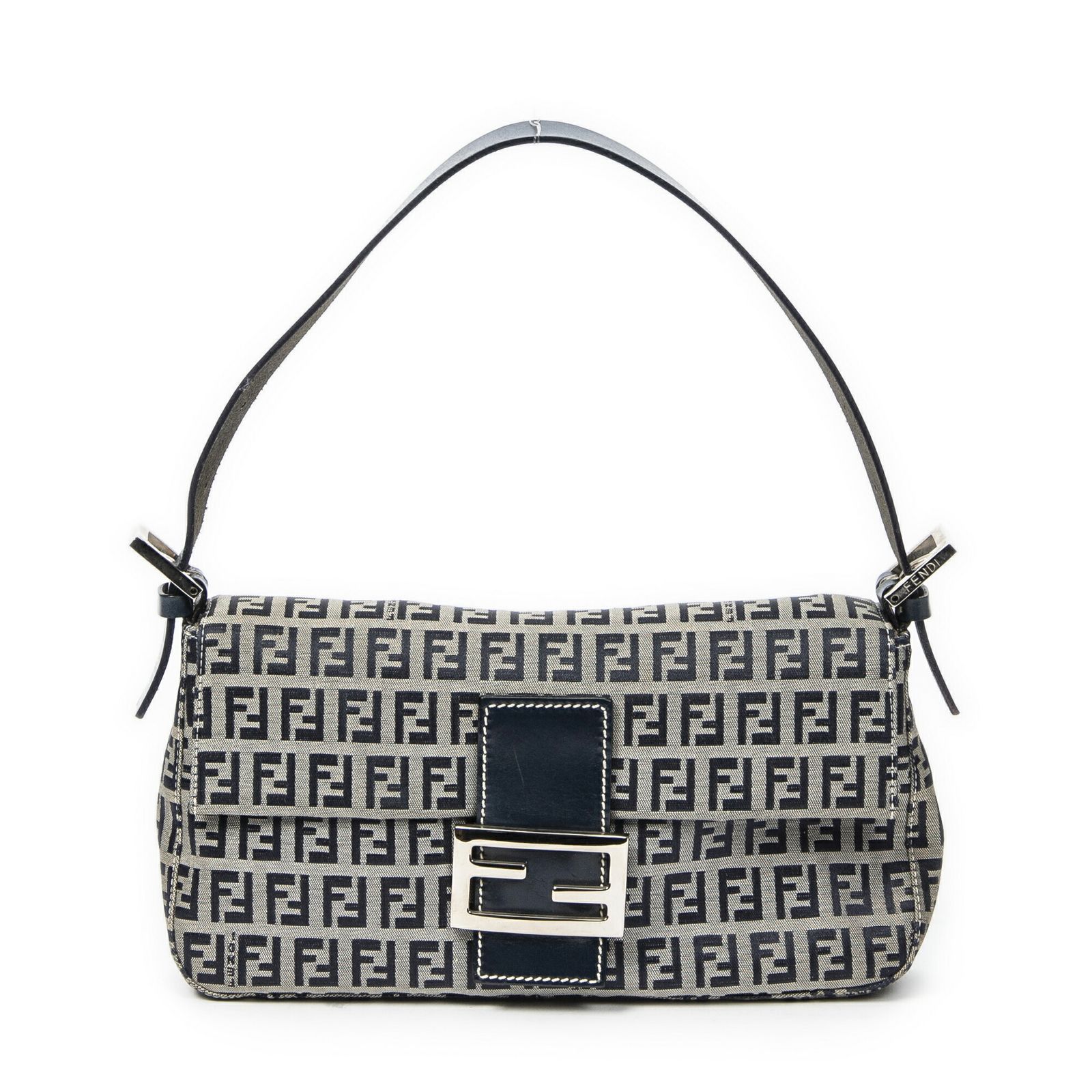 FENDI フェンディバゲットネイビー ベージュズッキーノキャンバスA