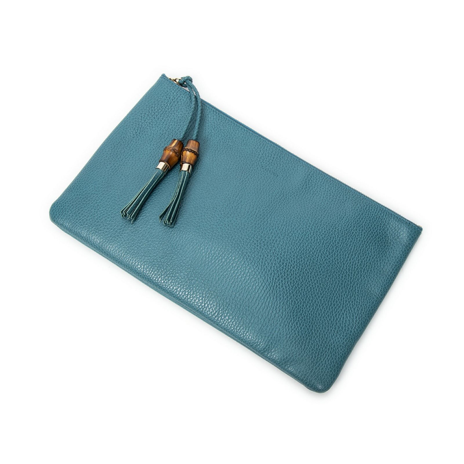 GUCCI グッチバンブータッセルジップクラッチティールグレインカーフスキンレザーA