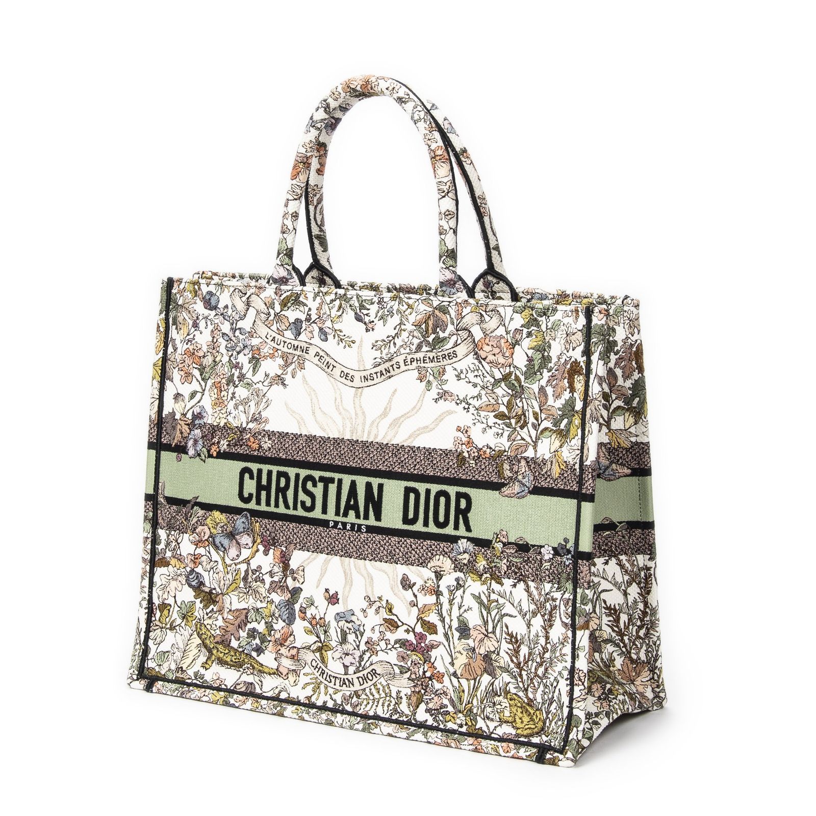 DIOR ディオール大ブックトートホワイト グリーンエムブロイダーキャンバスA