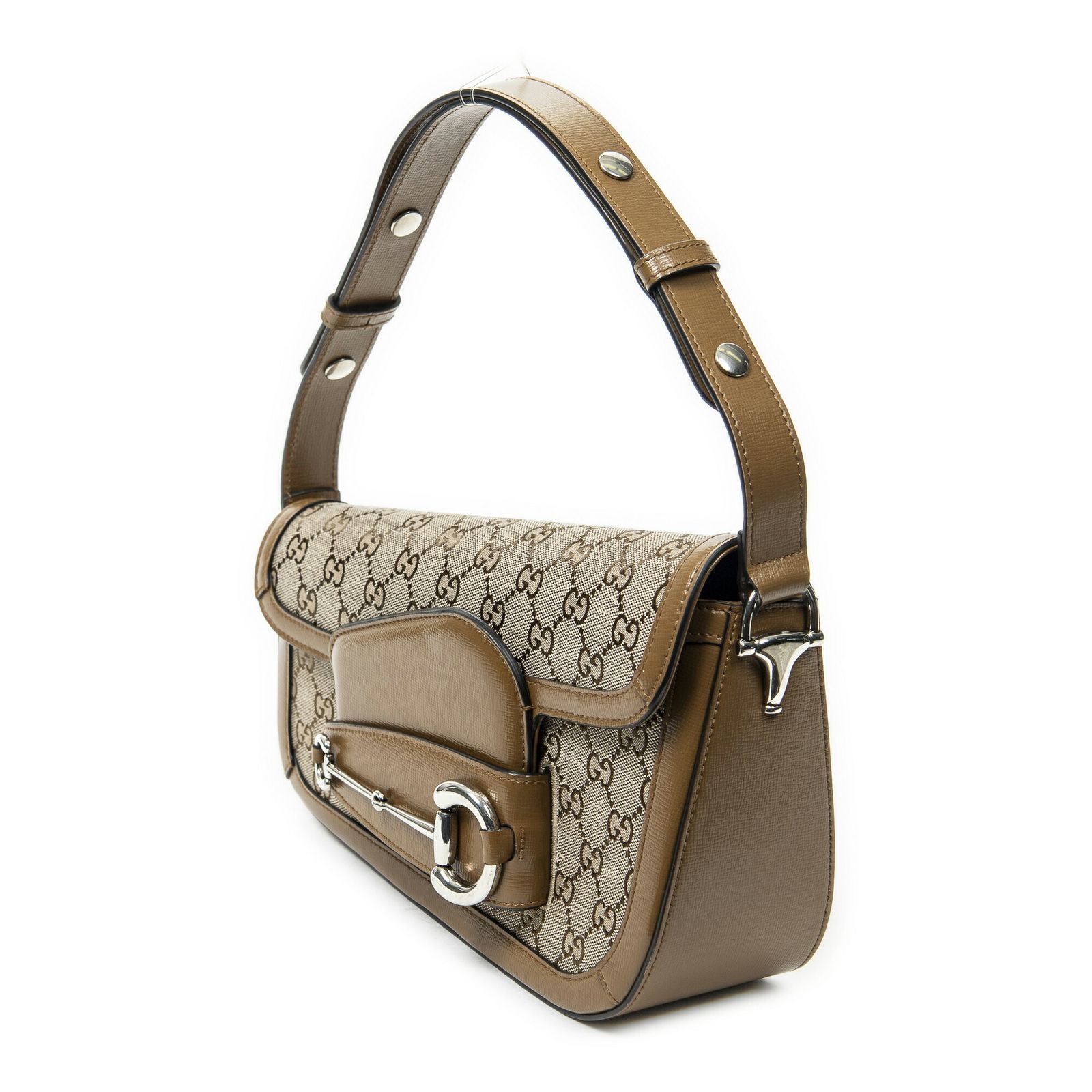 GUCCI グッチ小アシンメトリックホースビット1955タン ベージュGGキャンバスA