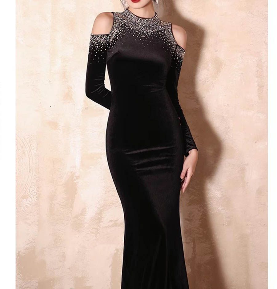 ️ ドレス カクテルドレス ロングドレス パーティードレス 発表会 演奏会 ステージ 袖付き 長袖 ブラック ベルベット ラメ刺繍 フィット感 オフショルダー スリム イブニングドレス 1223