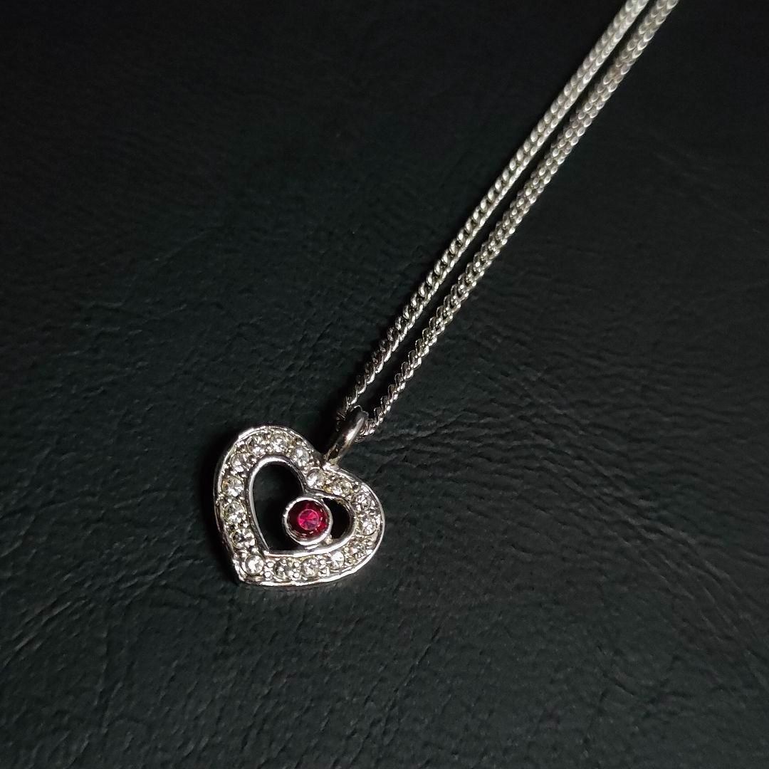 Dior ディオール ネックレス シルバー ハート 赤ストーン CD