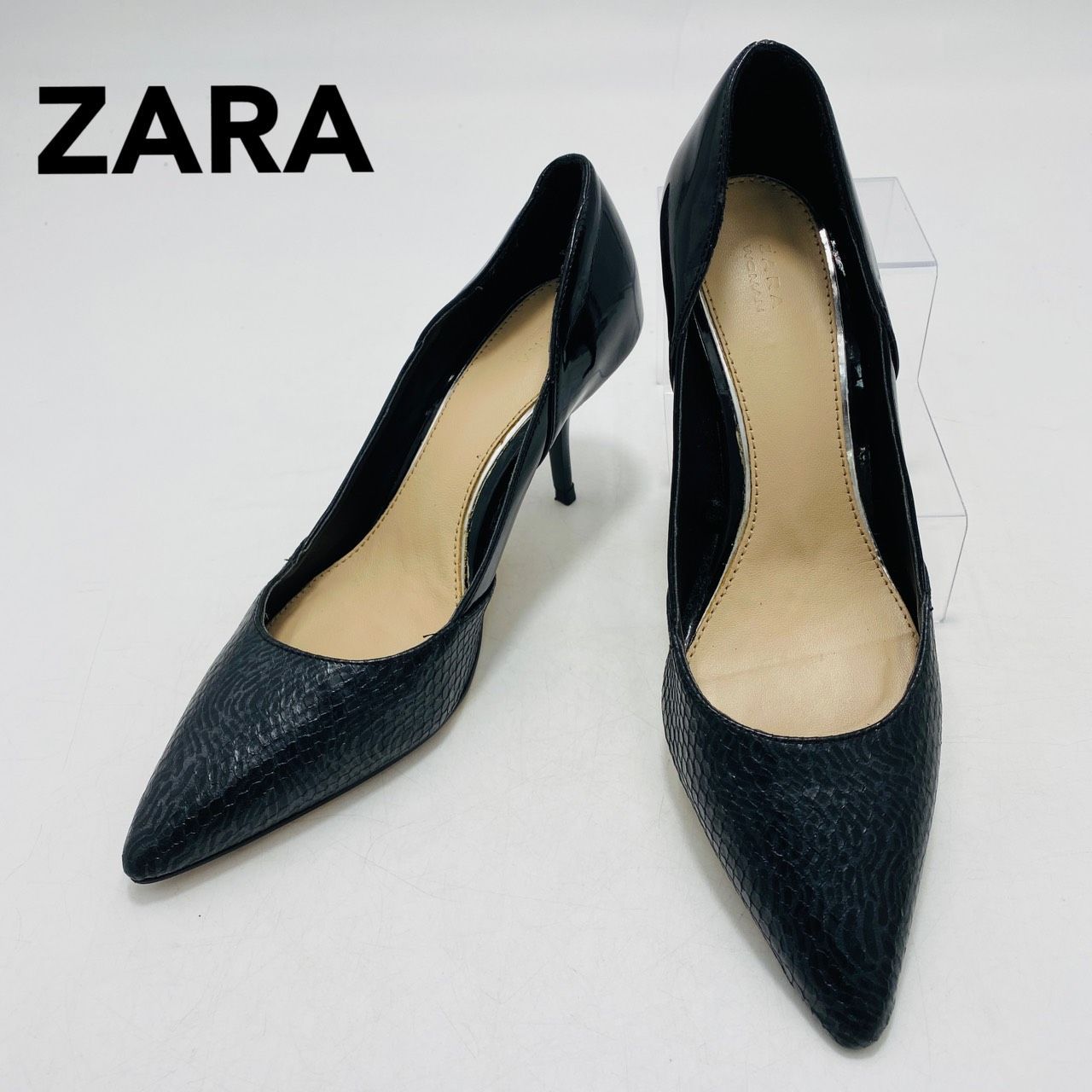 ZARA WOMAN ザラ パンプス 36 23cm エナメル 型押し 切替 ブラック 黒 
