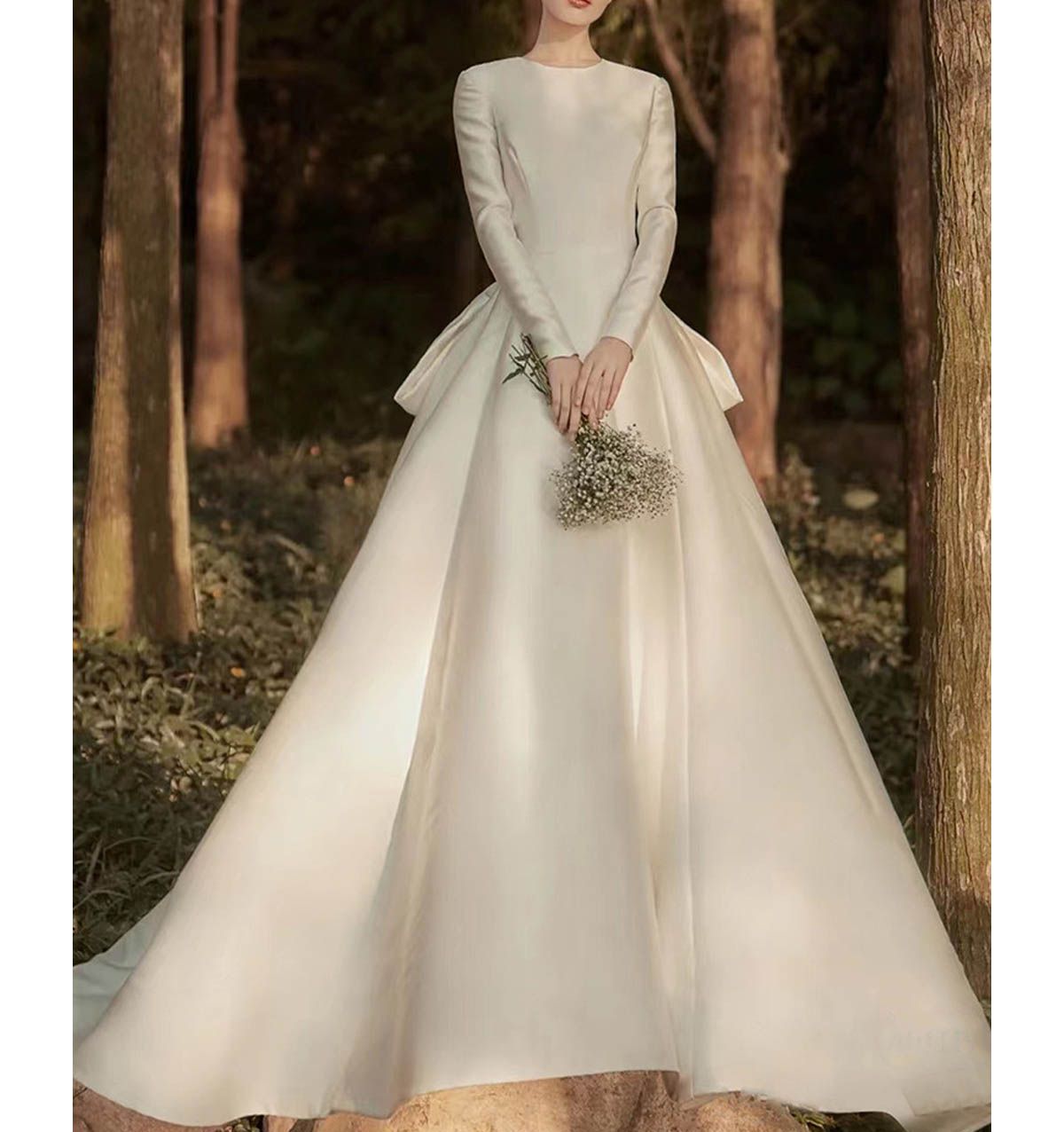 ️結婚式 長袖 袖あり ウェディングドレス ウエディングドレス Aライン シンプル 花嫁ドレス トレーン ロングトレーン 前撮り 二次会ドレス サテンドレス 1317