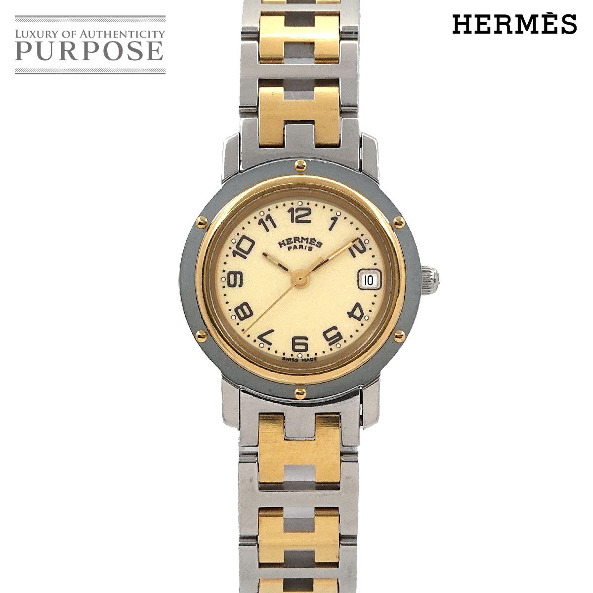 エルメス HERMES クリッパー コンビ CL4 220 ヴィンテージ レディース 腕時計 デイト アイボリー クォーツ ウォッチ Clipper 90301346