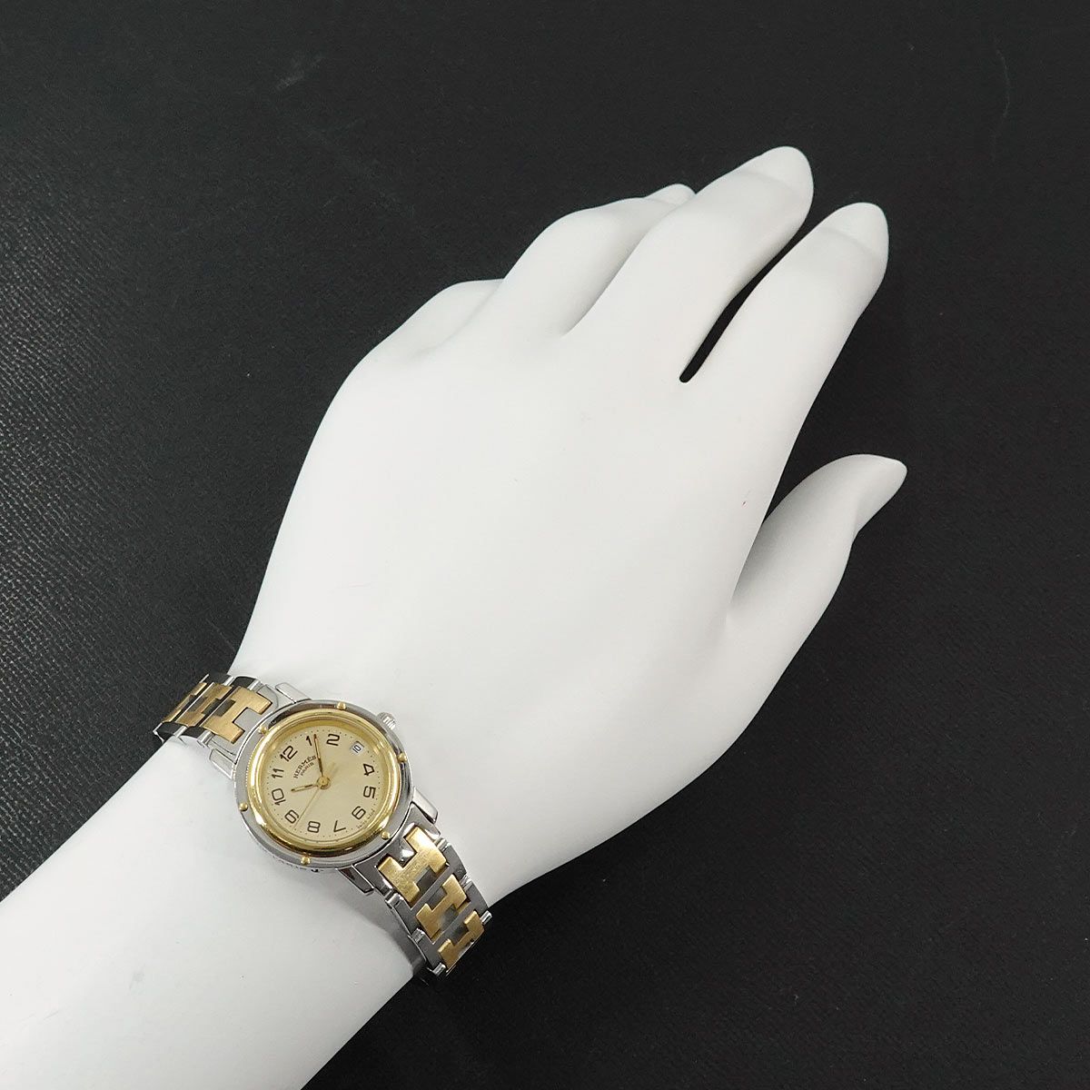  エルメス HERMES クリッパー コンビ CL 4 220 ヴィンテージ レディース 腕時計 デイト アイボリー クォーツ ウォッチ Clipper 腕時計(クォーツ) 腕時計(アナログ)