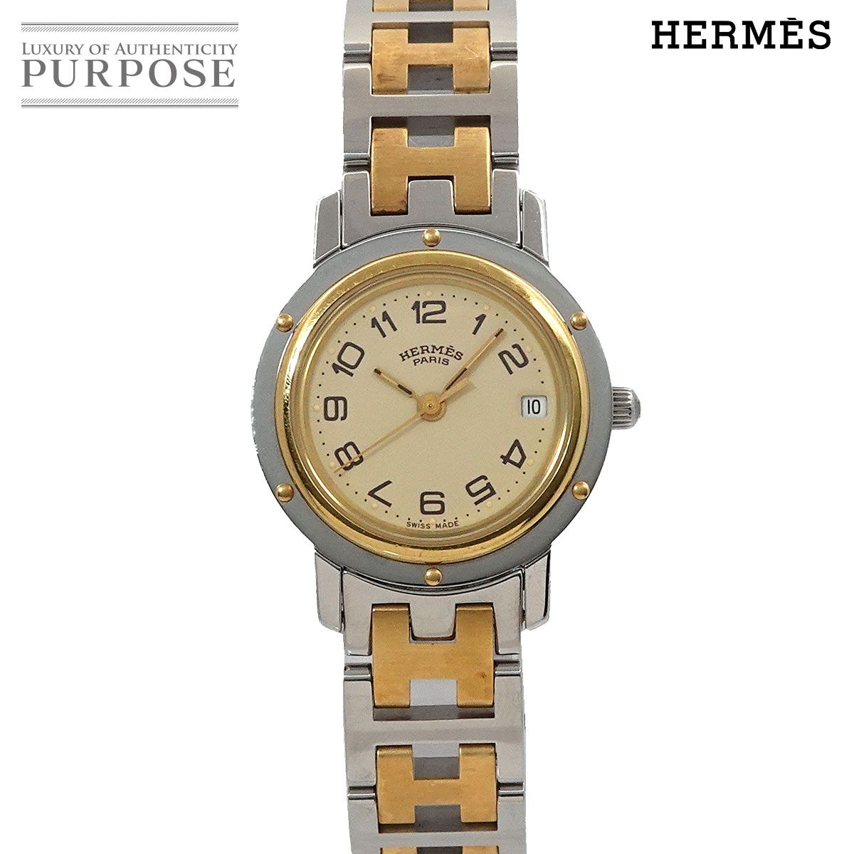 エルメス HERMES クリッパー コンビ CL4 220 ヴィンテージ レディース 腕時計 デイト アイボリー クォーツ ウォッチ Clipper 90301380