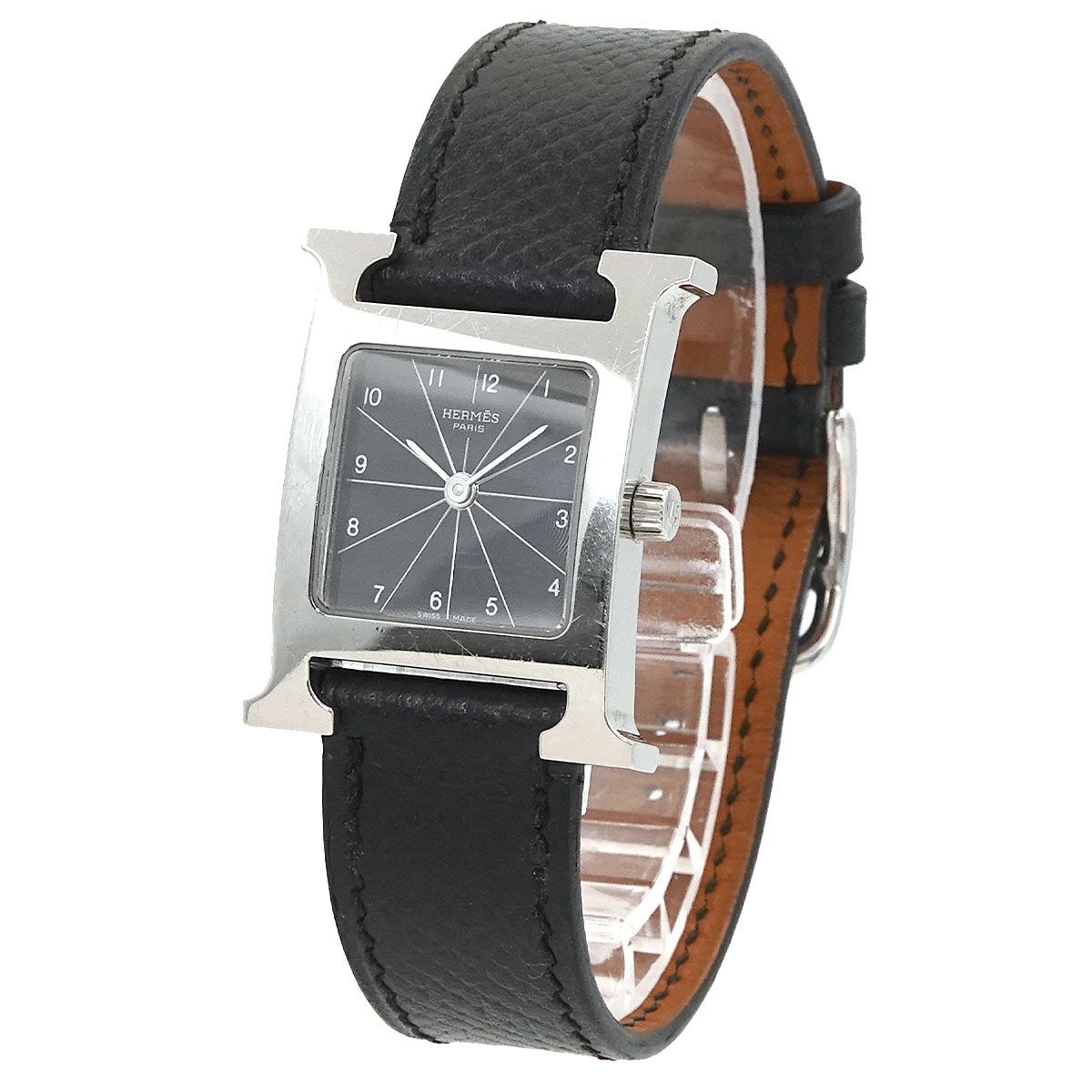 HERMES H H 210 レディース時計 ブラック エルメス Hウォッチ HH1.210 クォーツ SS SS ブラックギョーシェ文字盤