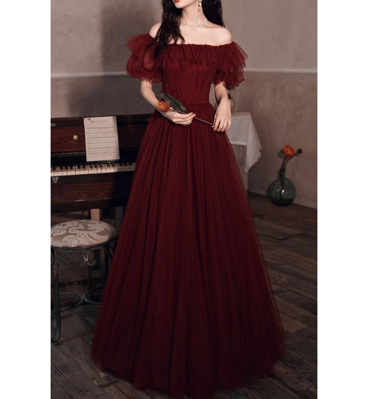 ️ウェディングドレス ワインレッド パーティードレス オフショルダー 結婚式 カクテルドレス 二次会花嫁発表会 ロングドレス ブライダル 演奏会 ドレス コンサート フォーマル ふんわり 1324
