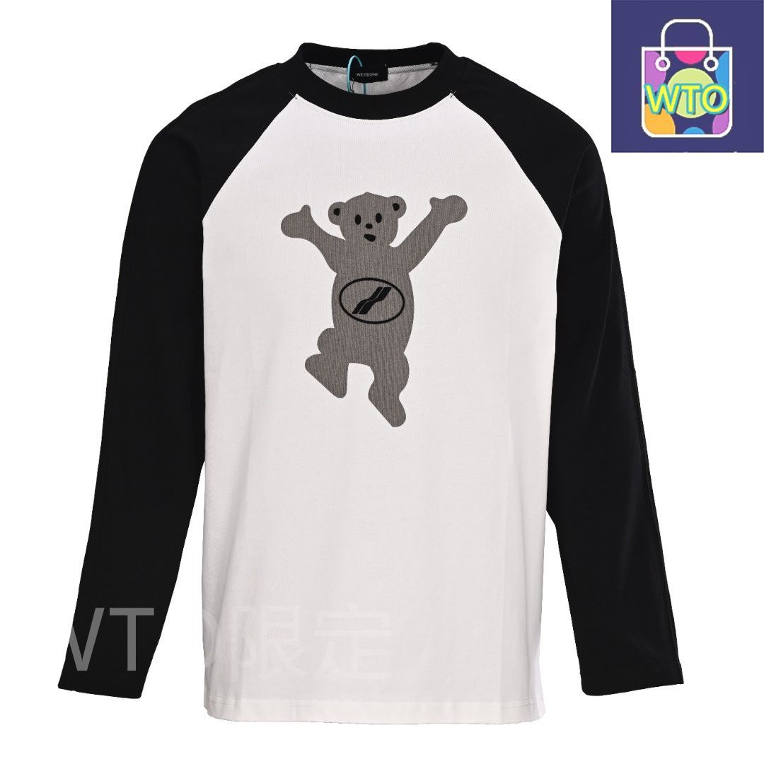 今日 We11done ウェルダン 植毛ベアー柄接ぎ ボーダーラウンドスリーブTシャツシリーズ 320g双糸純綿素材アウター トップス