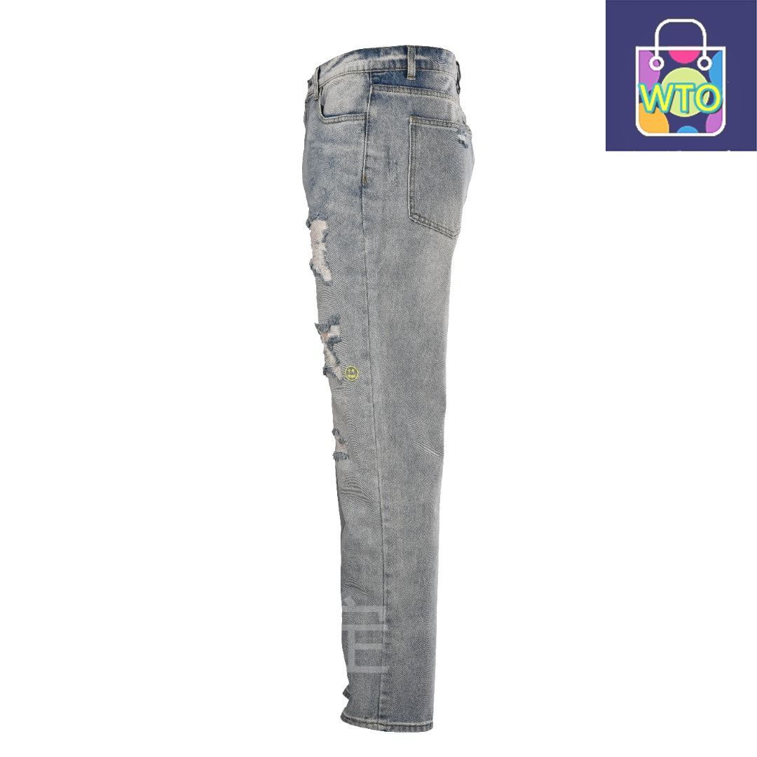 今日 Drew House ドリューハウス スマイル破れジーンズシリーズ 手作破れ加工 紗 スマイルパッチ YKKファスナー 青パンツ