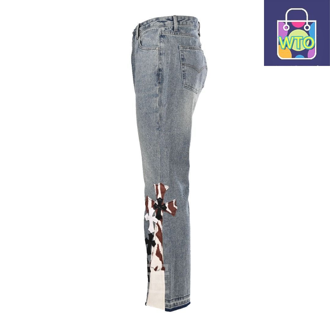 今日 Chrome Hearts クロムハーツ ラッパ型破損レザー貼りデニムパンツシリーズ クロスレザー貼りデザインパンツ