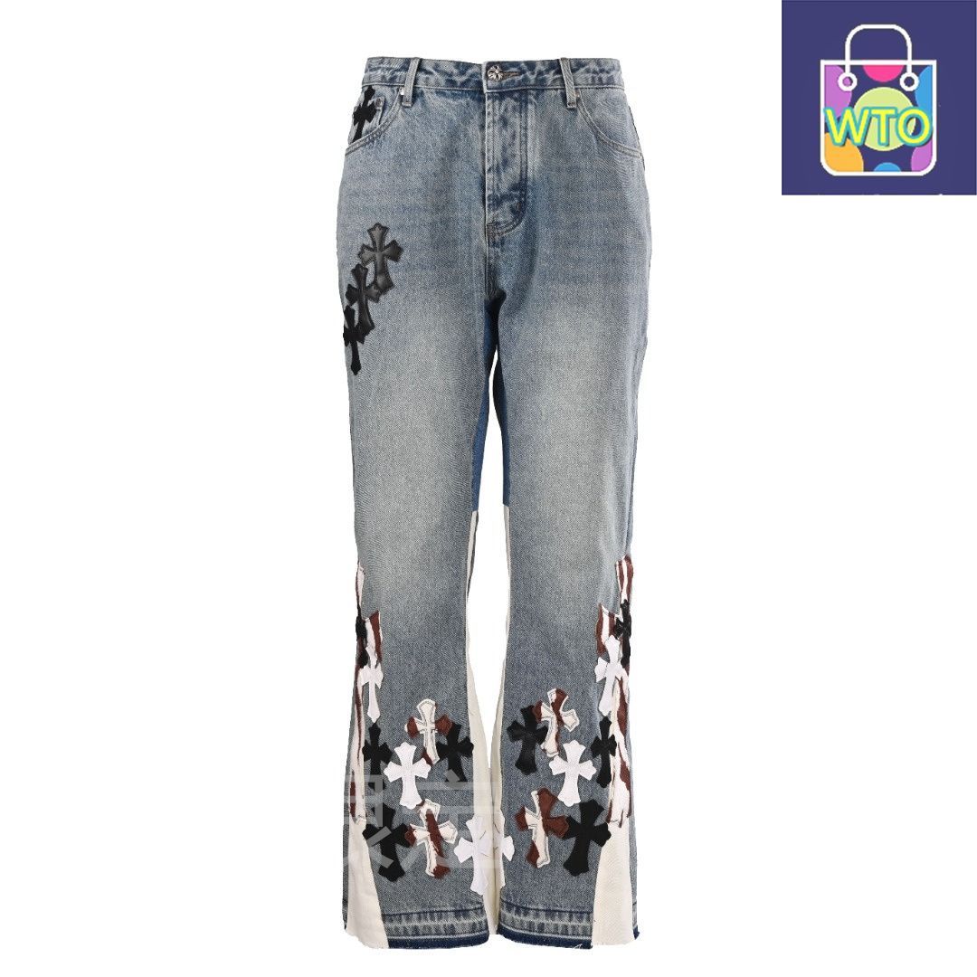 今日 Chrome Hearts クロムハーツ ラッパ型破損レザー貼りデニムパンツシリーズ クロスレザー貼りデザインパンツ