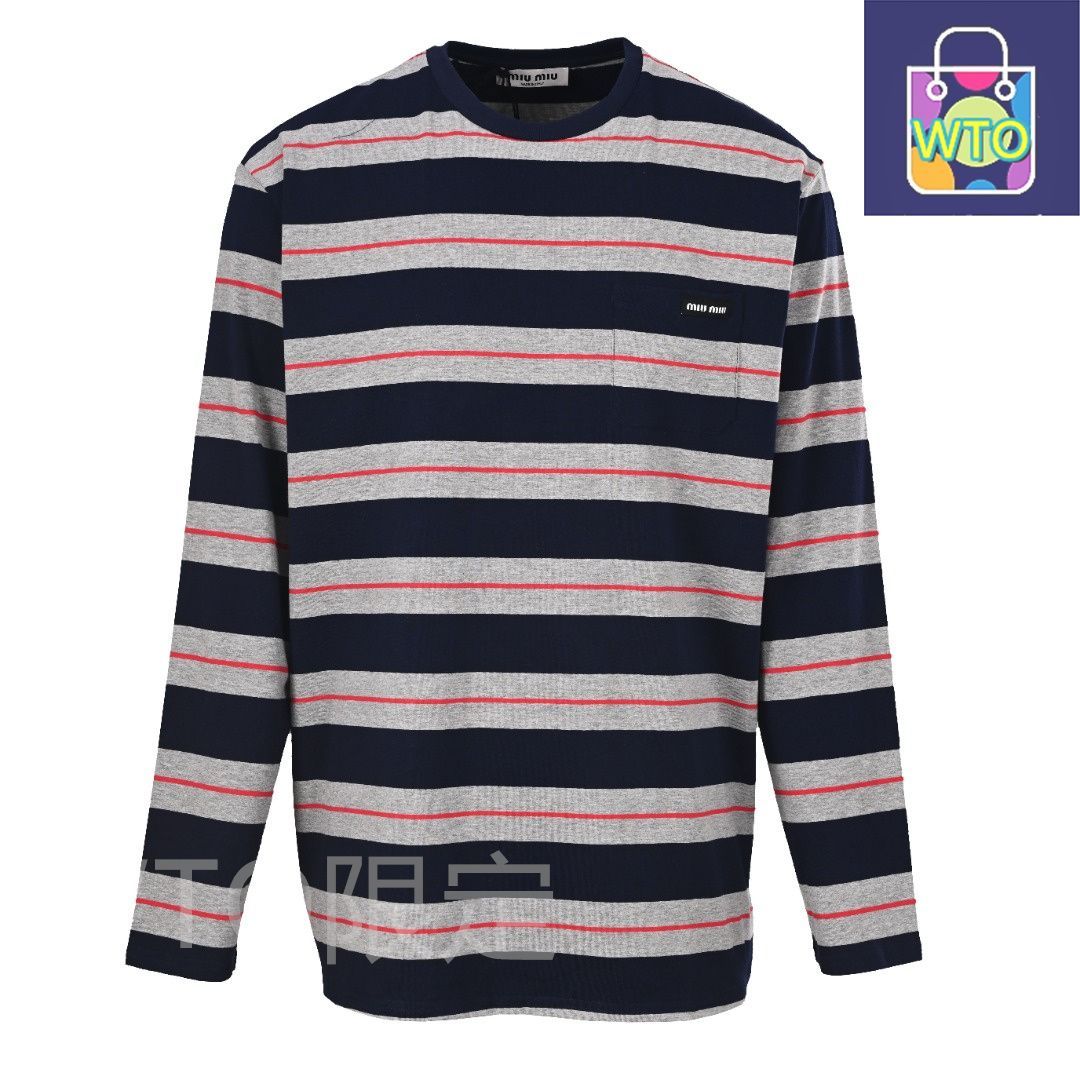 今日 Miu Miu ミューミュー ポケットロゴ縞柄長袖Tシャツシリーズ 輸入綿糸使用アウター トップス