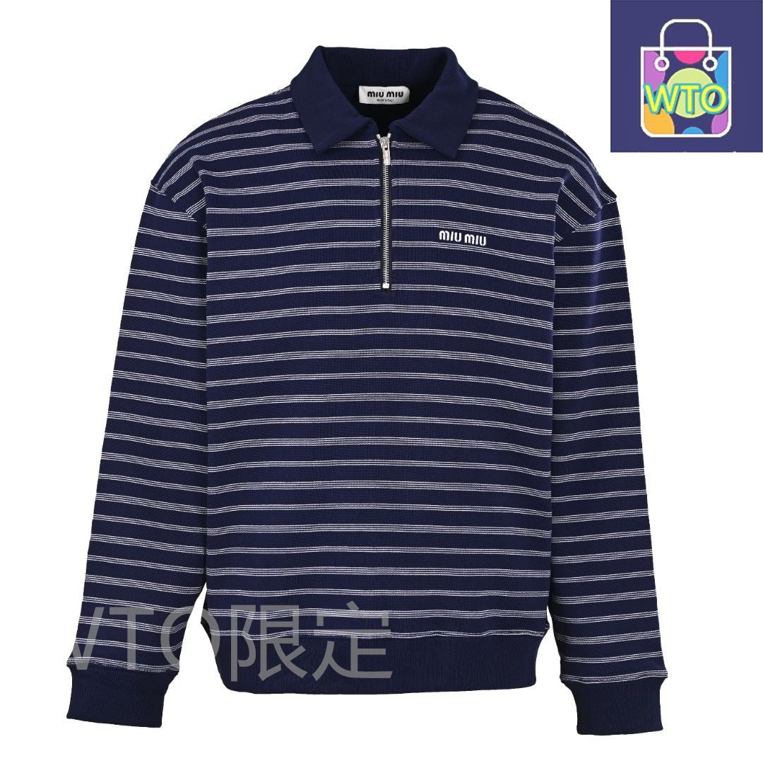 今日 Miu Miu ミュウミュウ 縞柄ハーフジッパーPOLOウェアシリーズ 380g定染素材アウター トップス