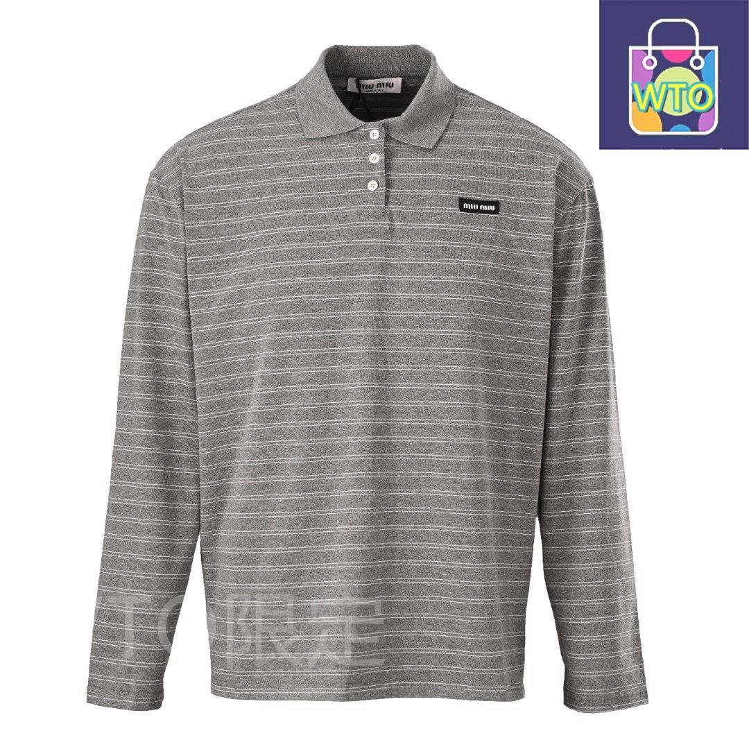 今日 Miu Miu ミューミュー 小ロゴ縞柄カットソー襟長袖ポロシャツシリーズ 高密度ニット襟不変形アウター トップス