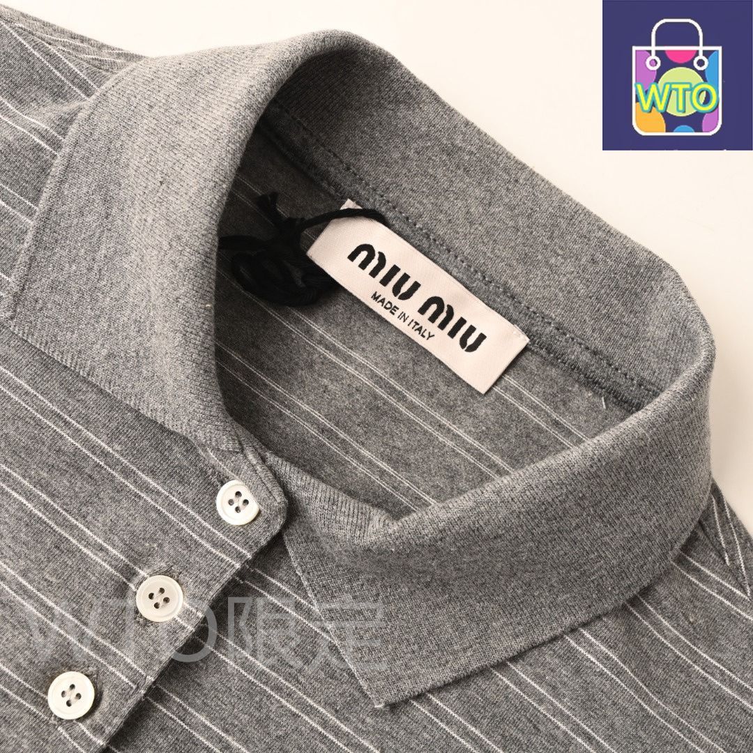  今日 Miu ミューミュー 小ロゴ縞柄カットソー襟長袖ポロシャツシリーズ 高密度ニット襟不変形アウター トップス トップス バレエ