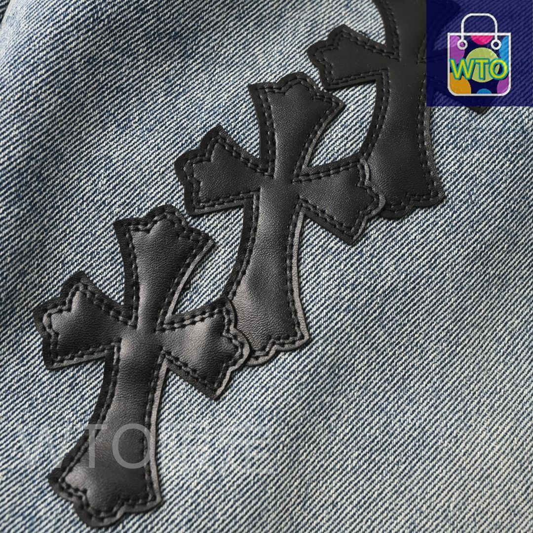 クロムハーツ ラッパ型破損レザー貼りデニムパンツシリーズ