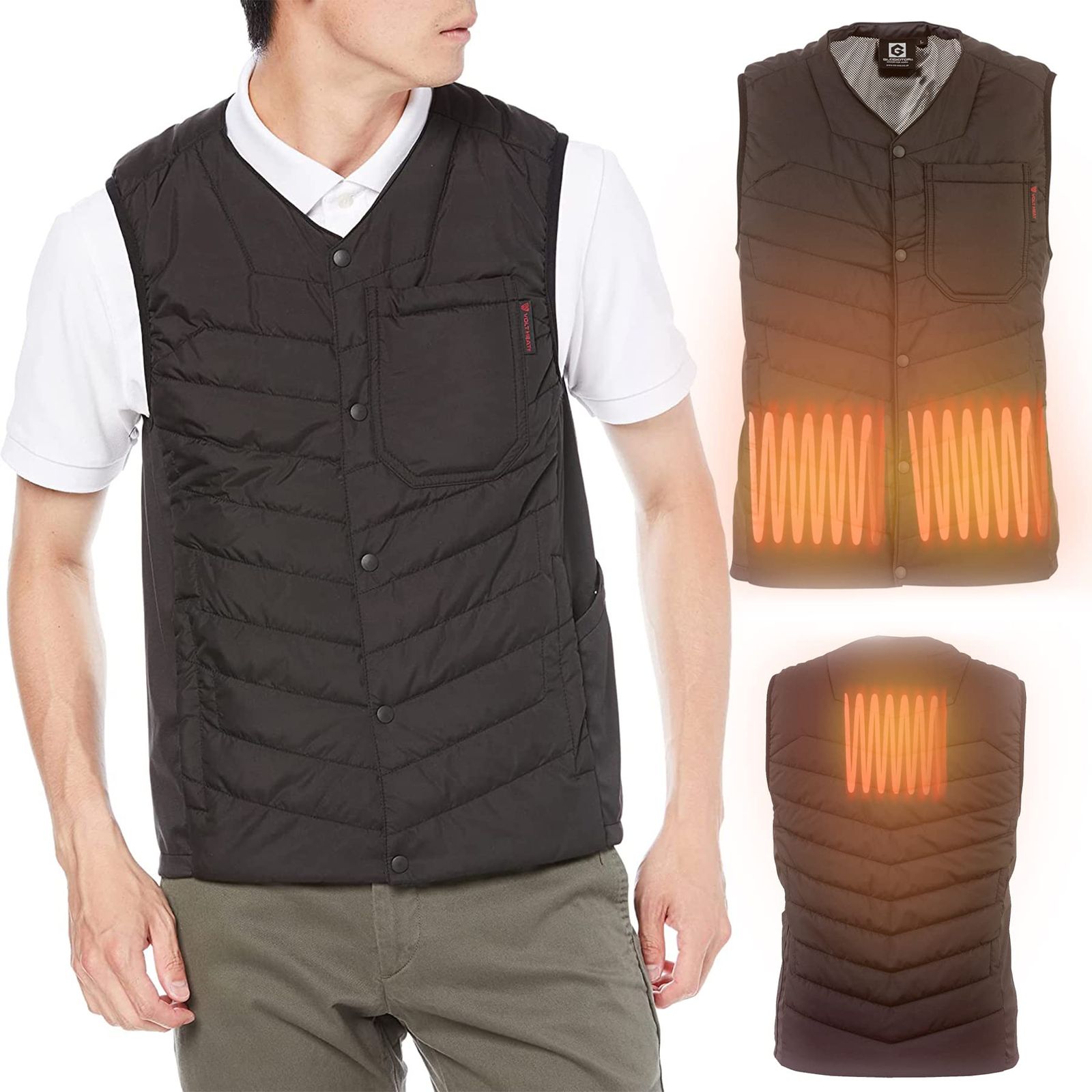 ボルトヒート 電熱ベスト Vネック インナー向け 保温 アルミプリント 防風 3段階温度調整 防寒対策 屋外作業 通勤 通学 服単品 バッテリー別売り GLADIATOR グラディエーター G-8069 ブラック LL ブラック LL