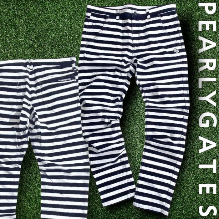 PEARLY GATES パーリーゲイツ ゴルフ パワフルコットン モールスキン 先染めボーダー柄 総柄 ストレッチ ロングパンツ ゴルフウェア 053-2231113 定価3.3万 ダークネイビー ホワイト 036 51104w07