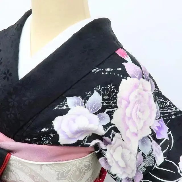 N-955◇美品 薔薇 着物 正絹 成人式 トールサイズ 振袖 単品 百華❀Y2885◇美品 正絹 銀糸刺繡 高級手縫い仕立て 薔薇 トールサイズ