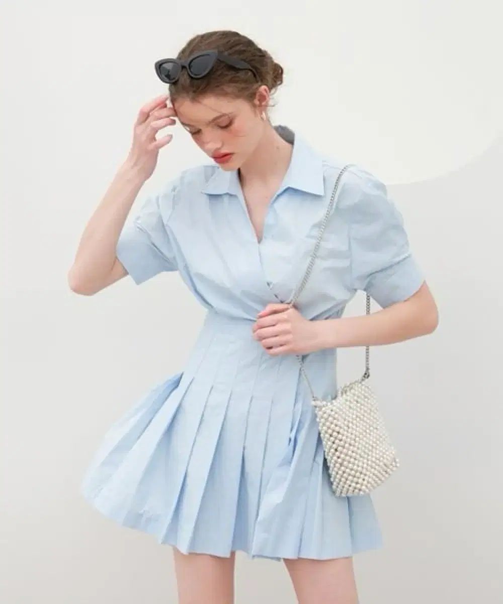 ベンバー シャツ プリーツ ONE PIECE 白 ライトブルー スカイブルー 2枚 セット